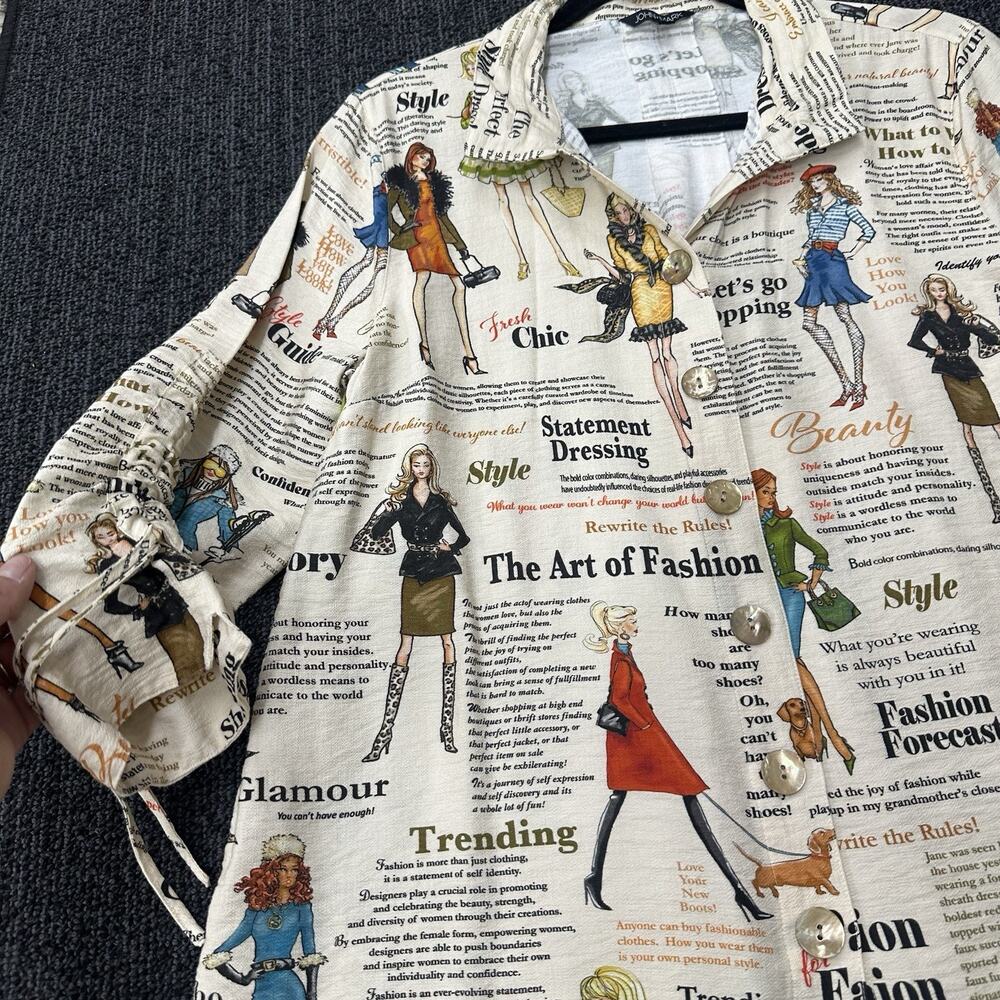 John Mark Button Up Wire Neck Collar Fashion Newsprint Rayon Button 3/4 Sleeve M - Picture 4 of 7